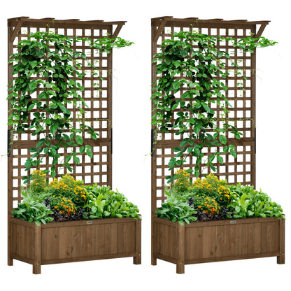 Outsunny 2 Pack Raised Garden Beds with Trellis & Drainage Holes, Wooden Planters