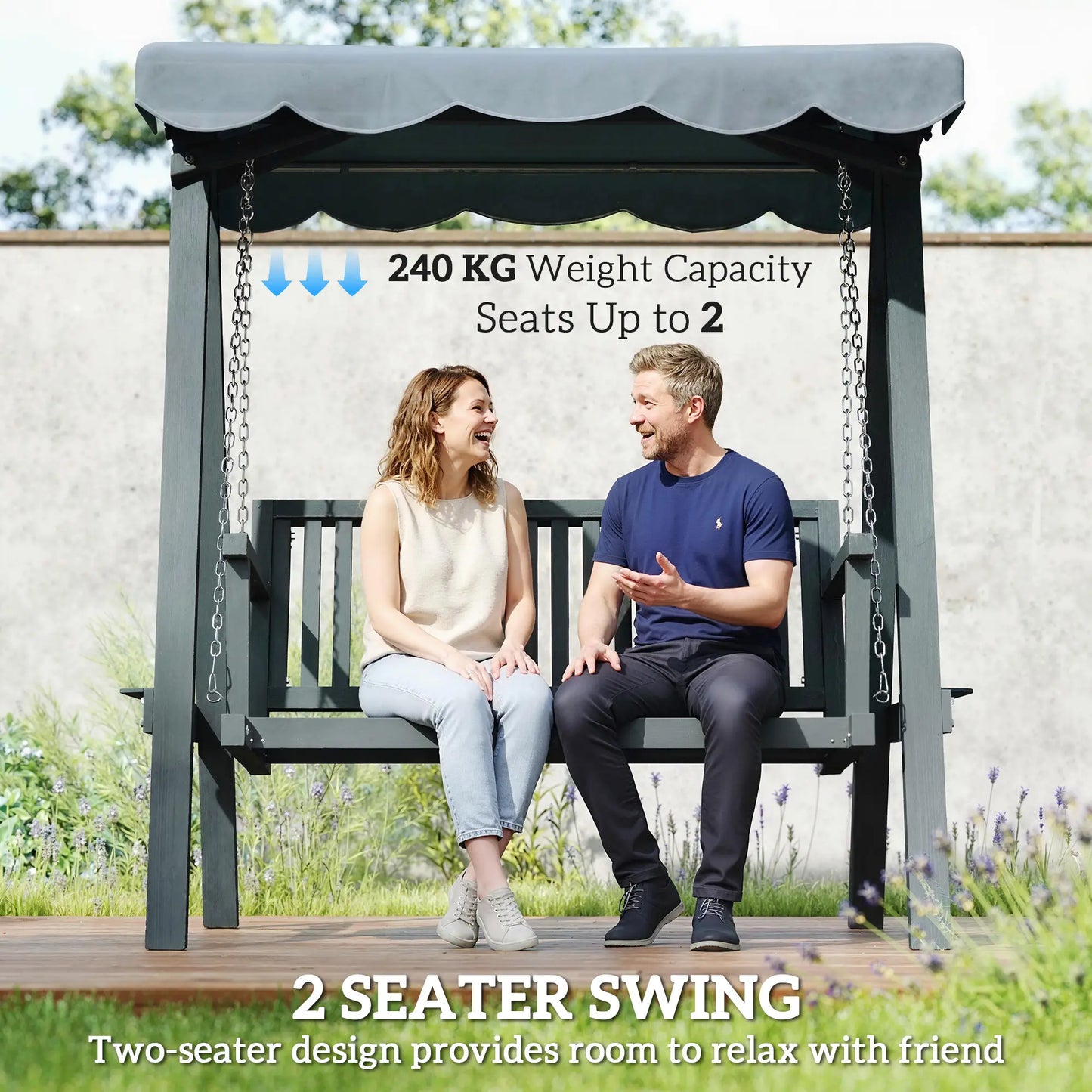 Outsunny 2 Seater Garden Swing Seat with Canopy, Wooden Swing Chair, Outdoor Hammock Bench for Balcony Patio Porch, Grey