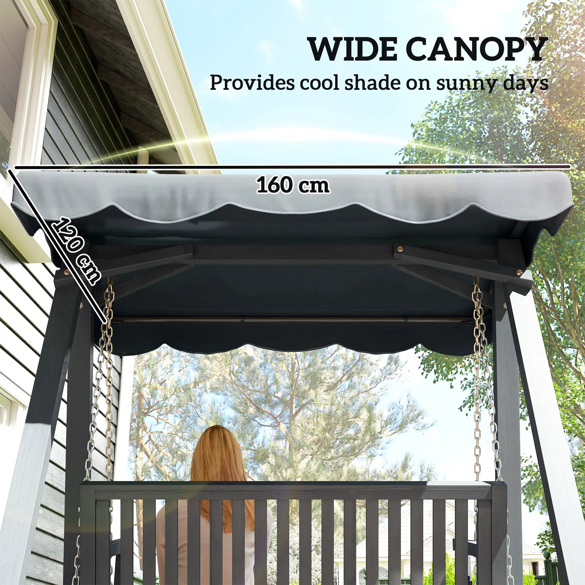 Outsunny 2 Seater Garden Swing Seat with Canopy, Wooden Swing Chair, Outdoor Hammock Bench for Balcony Patio Porch, Grey