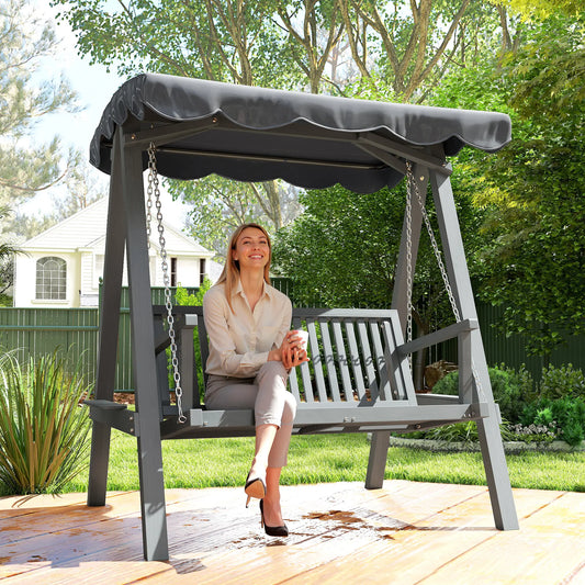 Outsunny 2 Seater Garden Swing Seat with Canopy, Wooden Swing Chair, Outdoor Hammock Bench for Balcony Patio Porch, Grey