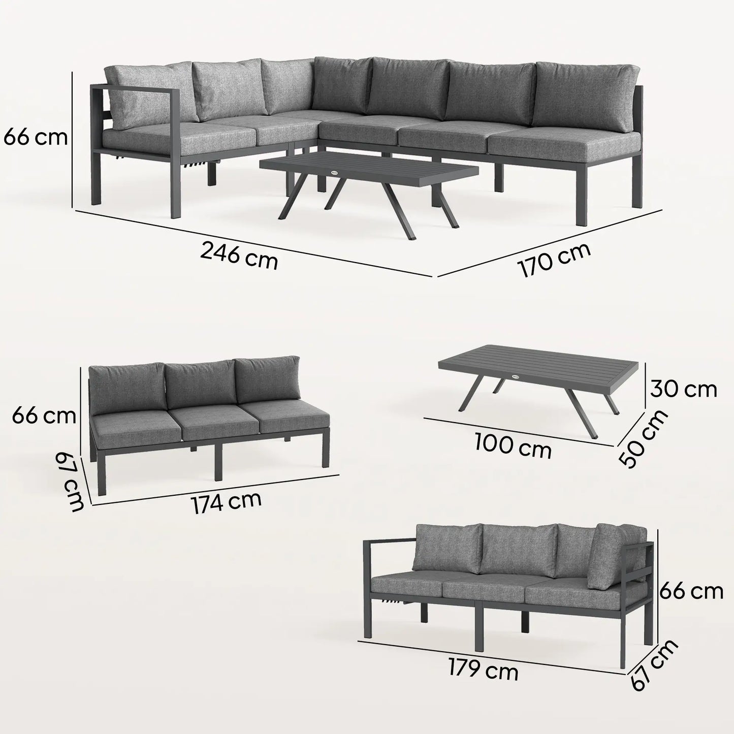 Outsunny 3 Pieces Garden Furniture Set, Aluminium Corner Lounge Set with Adjustable Backrest and Coffee Table