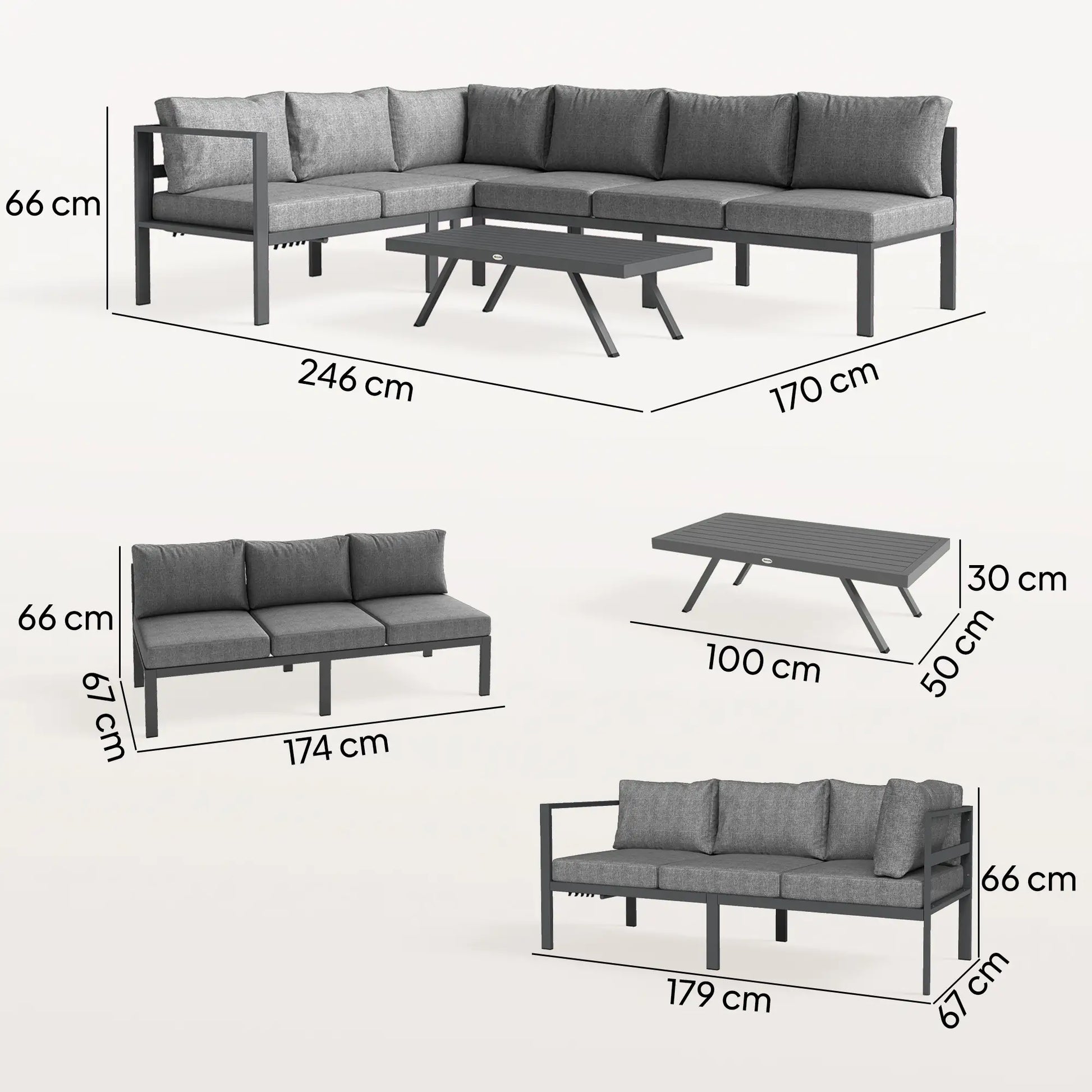 Outsunny 3 Pieces Garden Furniture Set, Aluminium Corner Lounge Set with Adjustable Backrest and Coffee Table