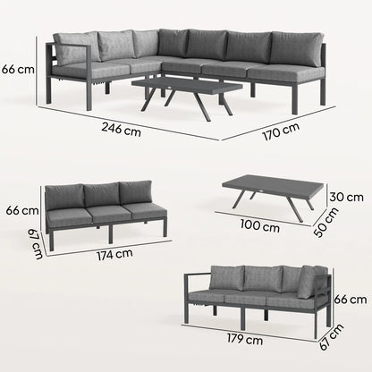 Outsunny 3 Pieces Garden Furniture Set, Aluminium Corner Lounge Set with Adjustable Backrest and Coffee Table