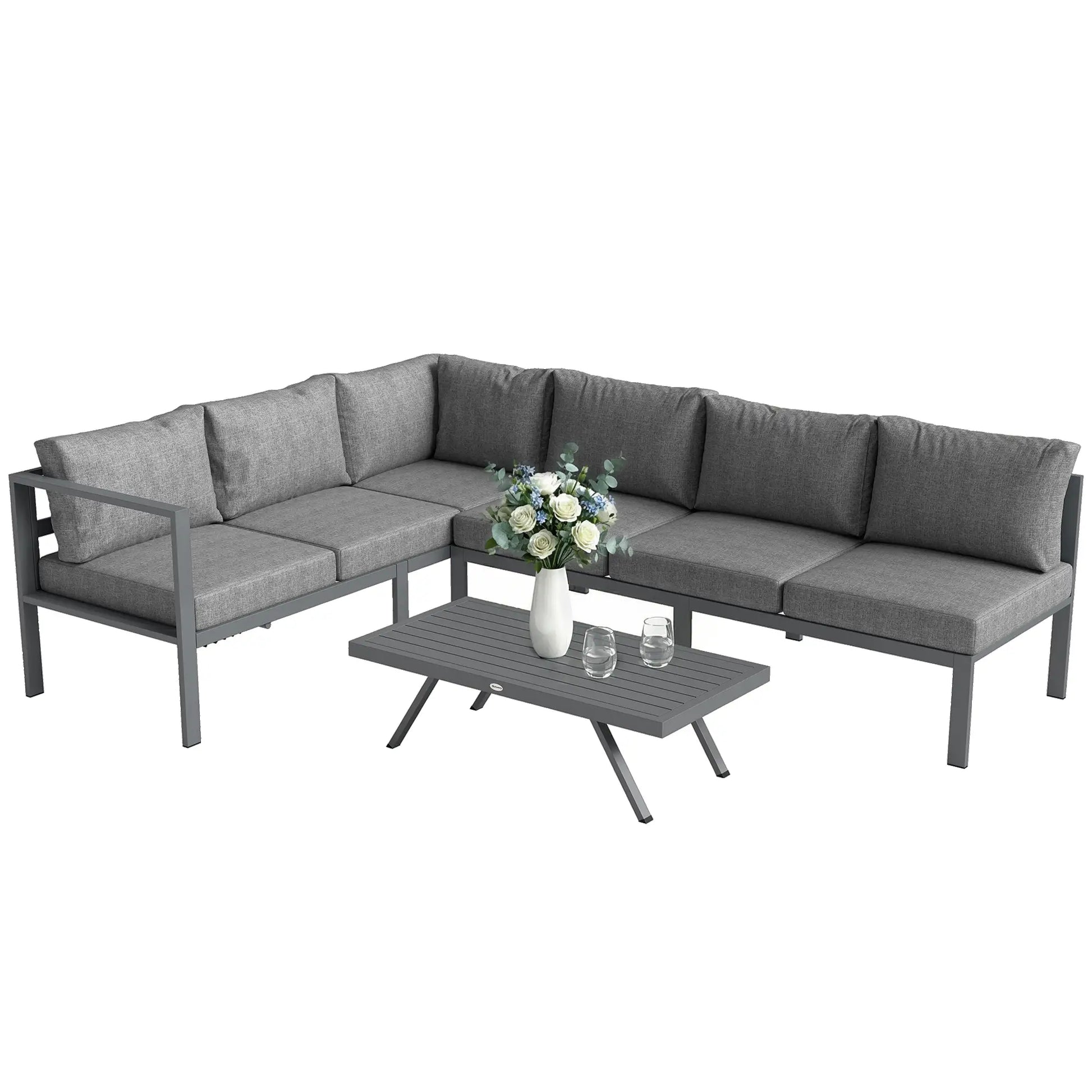 Outsunny 3 Pieces Garden Furniture Set, Aluminium Corner Lounge Set with Adjustable Backrest and Coffee Table