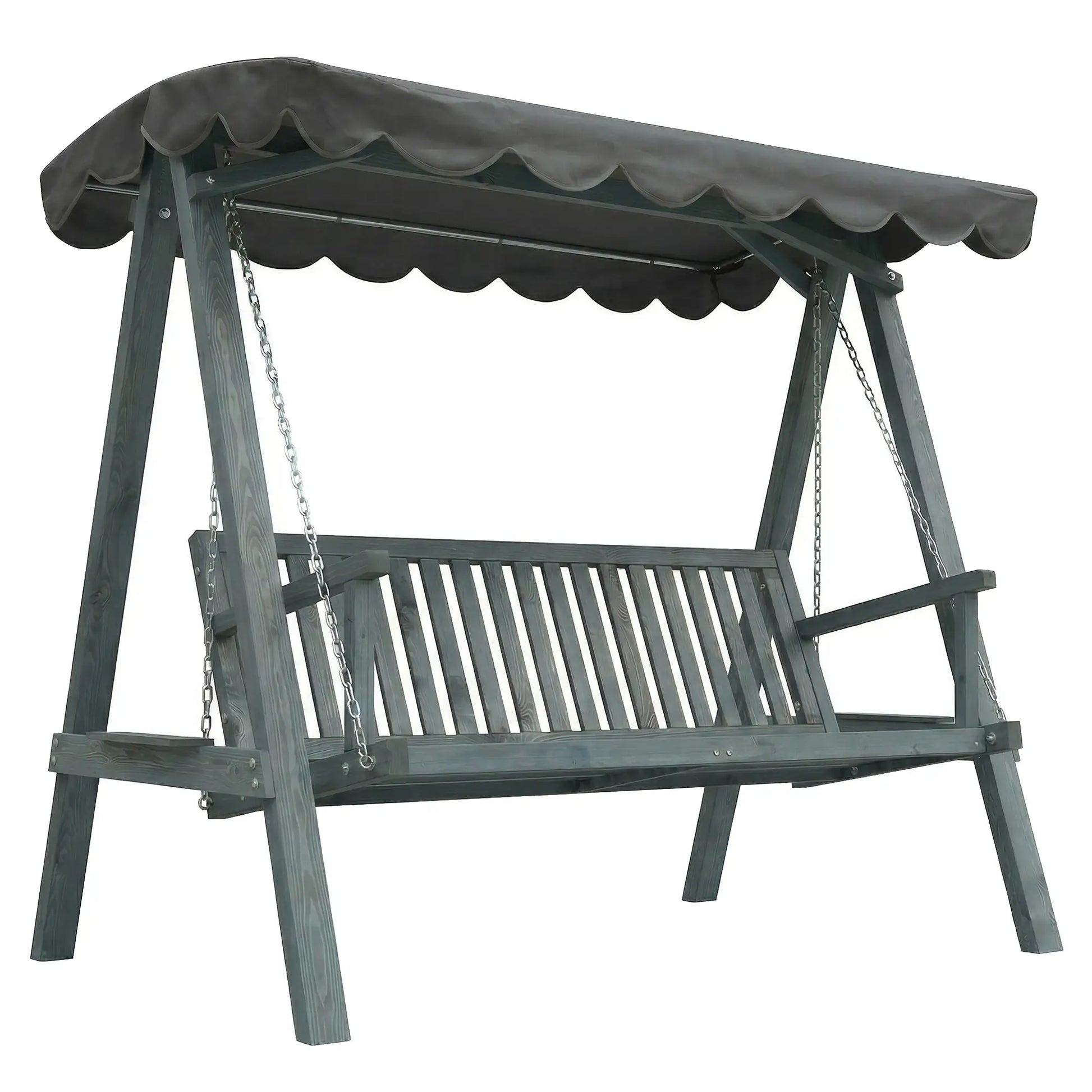 Outsunny 3 Seater Garden Swing Seat with Canopy, Wooden Swing Chair, Outdoor Hammock Bench for Balcony Patio Porch, Grey