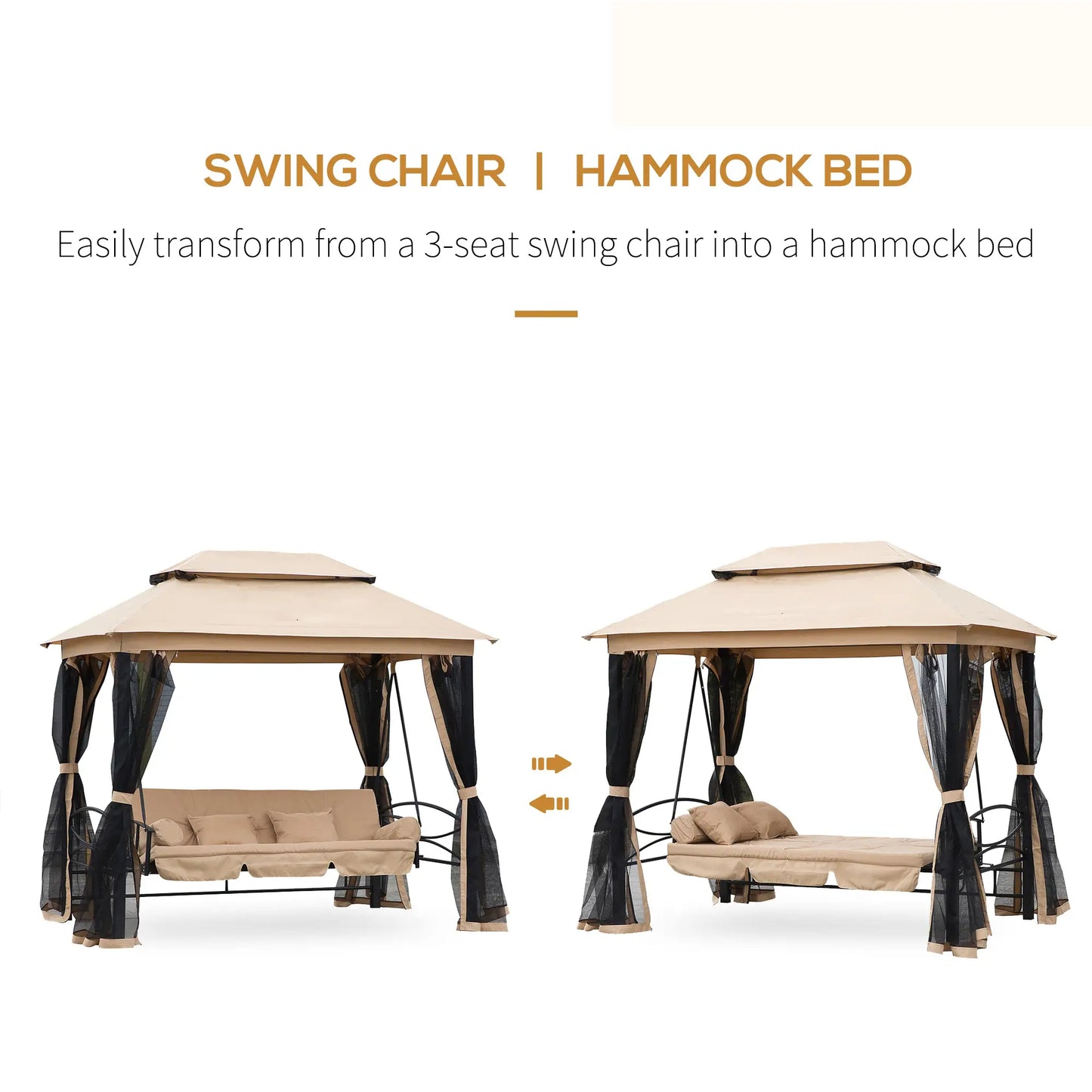Outsunny 3 Seater Swing Chair 3-in-1 Convertible Garden Swing Seat Bed Gazebo Patio Bench Outdoor with Double Tier Canopy, Cushioned Seat, Mesh Sidewalls, Beige