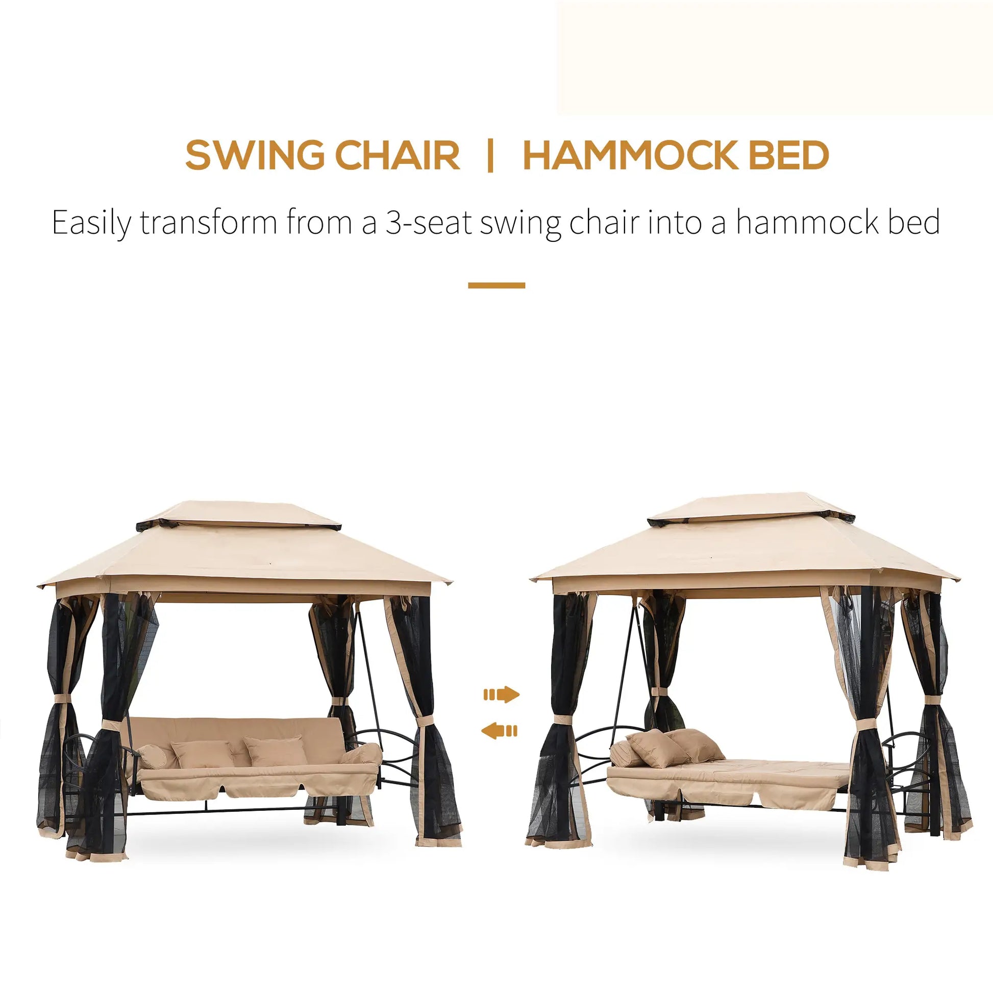 Outsunny 3 Seater Swing Chair 3-in-1 Convertible Garden Swing Seat Bed Gazebo Patio Bench Outdoor with Double Tier Canopy, Cushioned Seat, Mesh Sidewalls, Beige