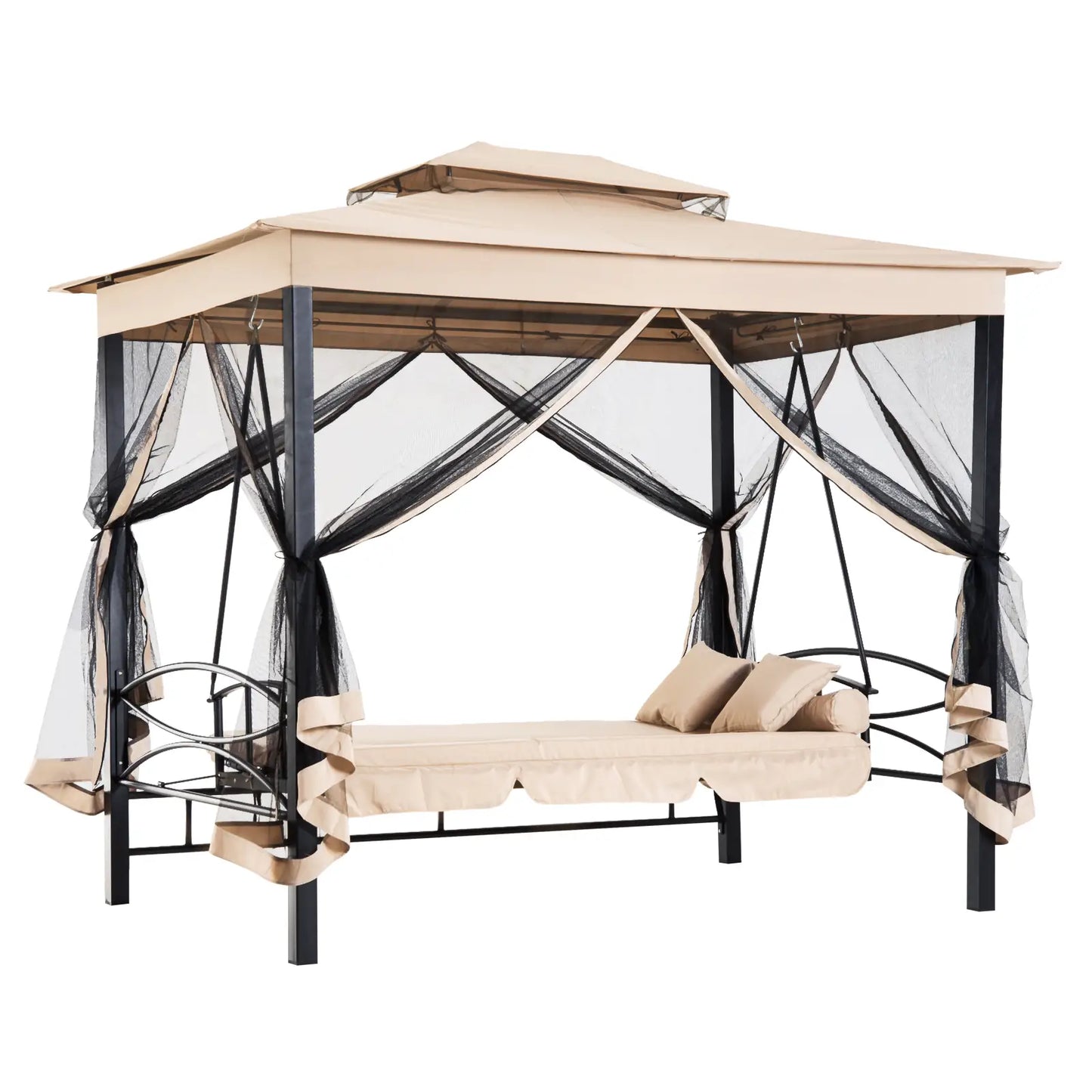 Outsunny 3 Seater Swing Chair 3-in-1 Convertible Garden Swing Seat Bed Gazebo Patio Bench Outdoor with Double Tier Canopy, Cushioned Seat, Mesh Sidewalls, Beige