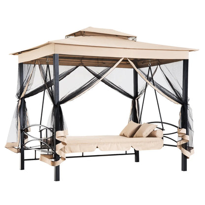Outsunny 3 Seater Swing Chair 3-in-1 Convertible Garden Swing Seat Bed Gazebo Patio Bench Outdoor with Double Tier Canopy, Cushioned Seat, Mesh Sidewalls, Beige