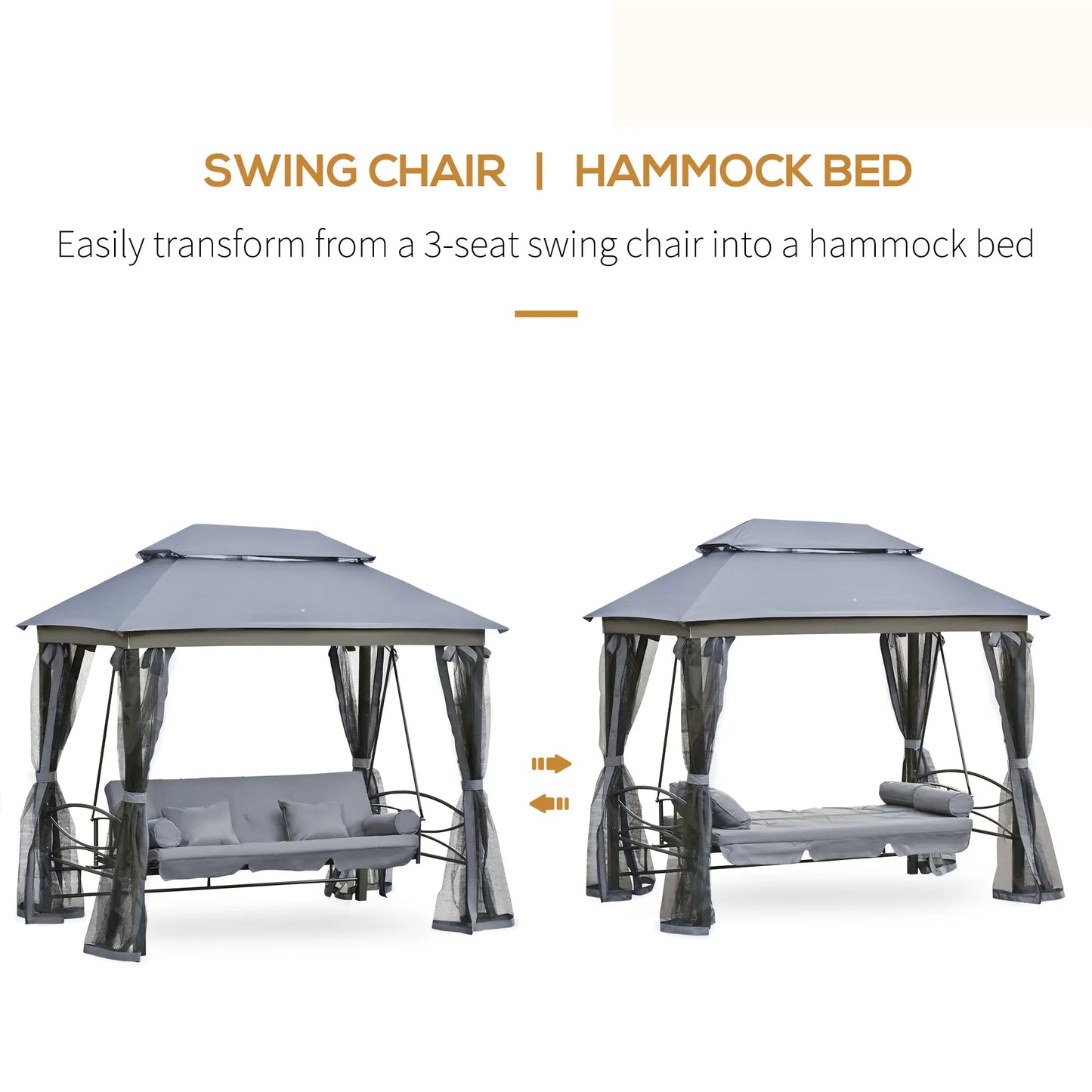 Outsunny 3 Seater Swing Chair 3-in-1 Convertible Garden Swing Seat Bed Gazebo Patio Bench Outdoor with Double Tier Canopy, Cushioned Seat, Mesh Sidewalls, Grey