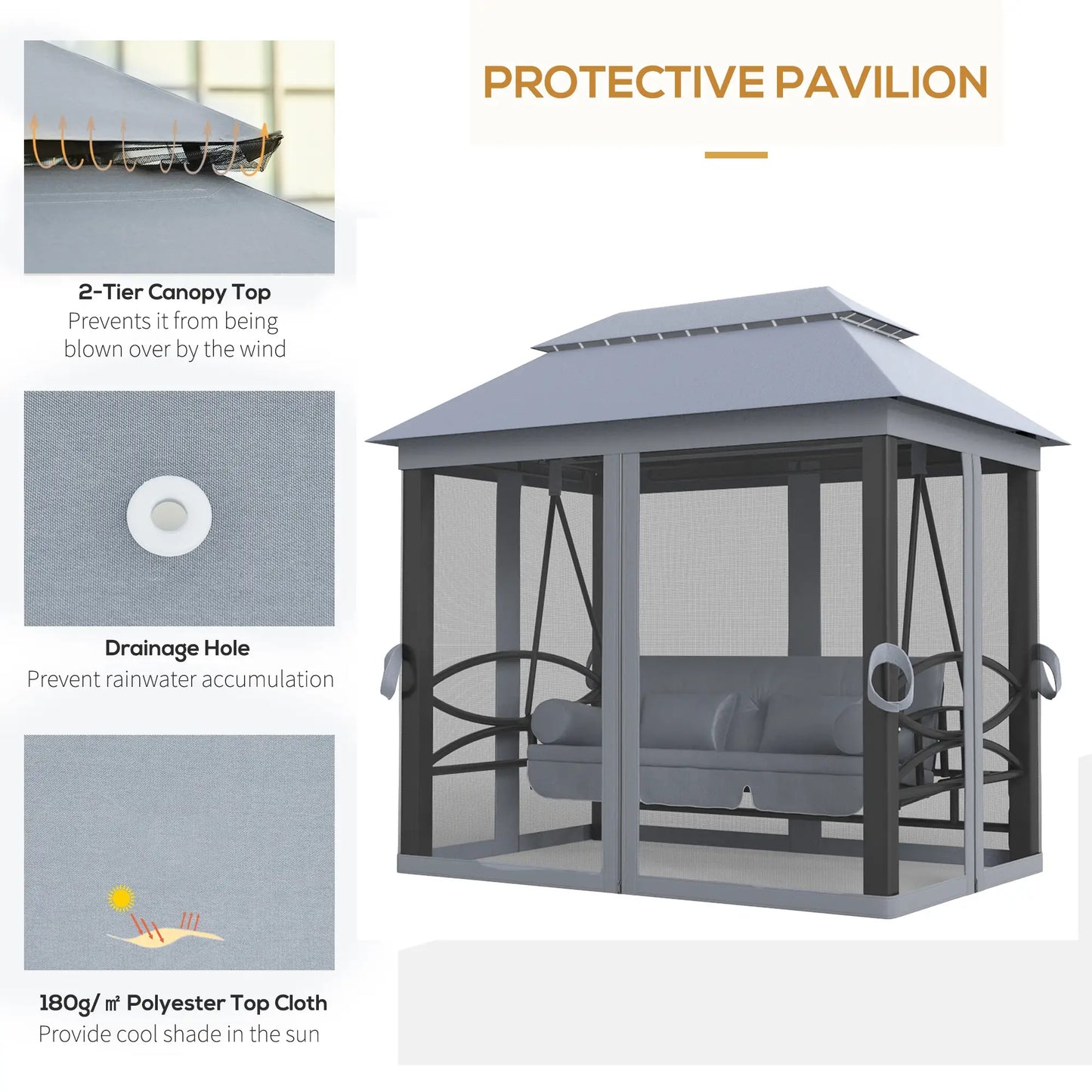 Outsunny 3 Seater Swing Chair 3-in-1 Convertible Garden Swing Seat Bed Gazebo Patio Bench Outdoor with Double Tier Canopy, Cushioned Seat, Mesh Sidewalls, Grey