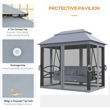Outsunny 3 Seater Swing Chair 3-in-1 Convertible Garden Swing Seat Bed Gazebo Patio Bench Outdoor with Double Tier Canopy, Cushioned Seat, Mesh Sidewalls, Grey