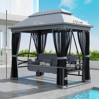 Outsunny 3 Seater Swing Chair 3-in-1 Convertible Garden Swing Seat Bed Gazebo Patio Bench Outdoor with Double Tier Canopy, Cushioned Seat, Mesh Sidewalls, Grey
