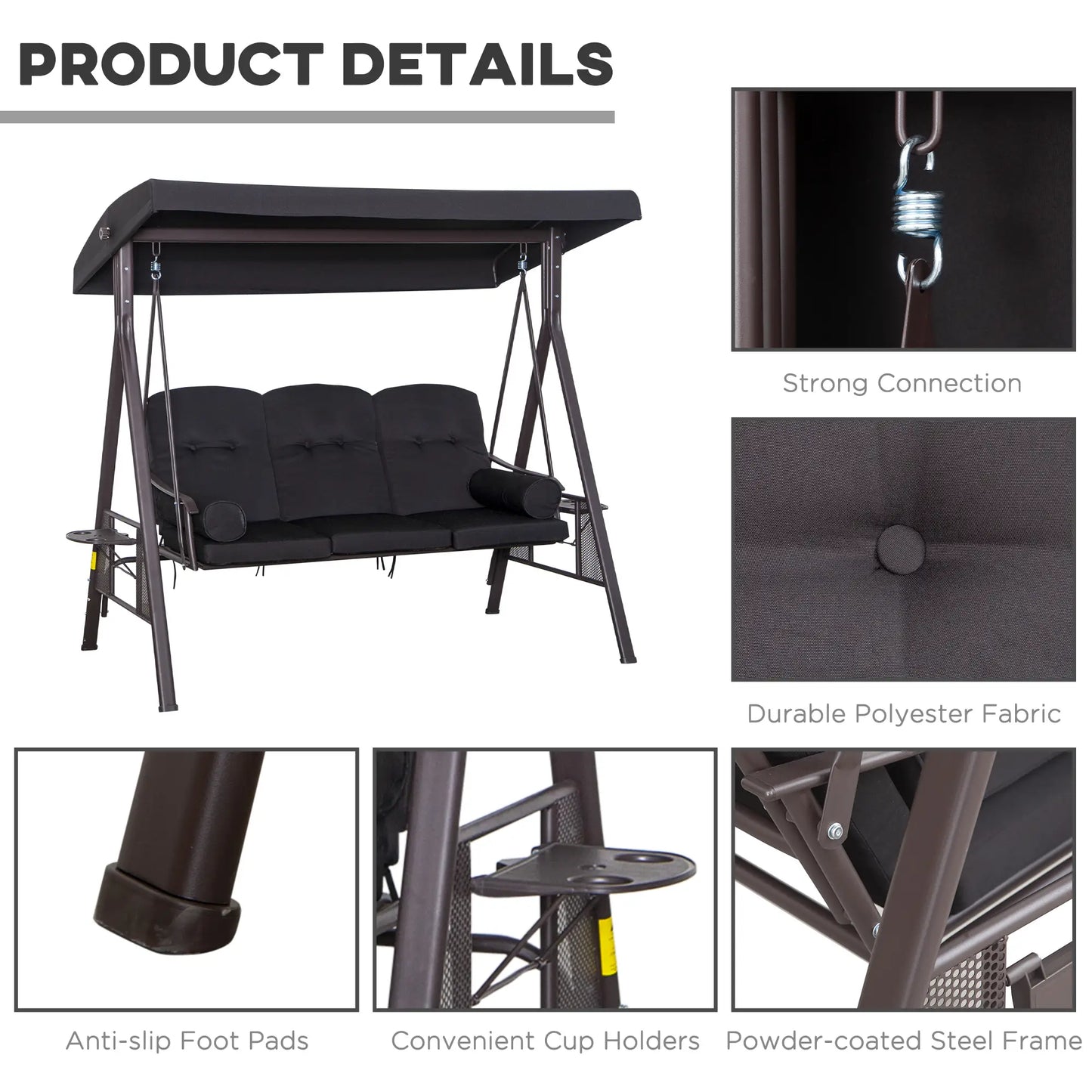 Outsunny 3 Seater Swing Chair Hammock Chair with Adjustable Canopy, Black