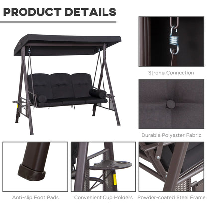 Outsunny 3 Seater Swing Chair Hammock Chair with Adjustable Canopy, Black
