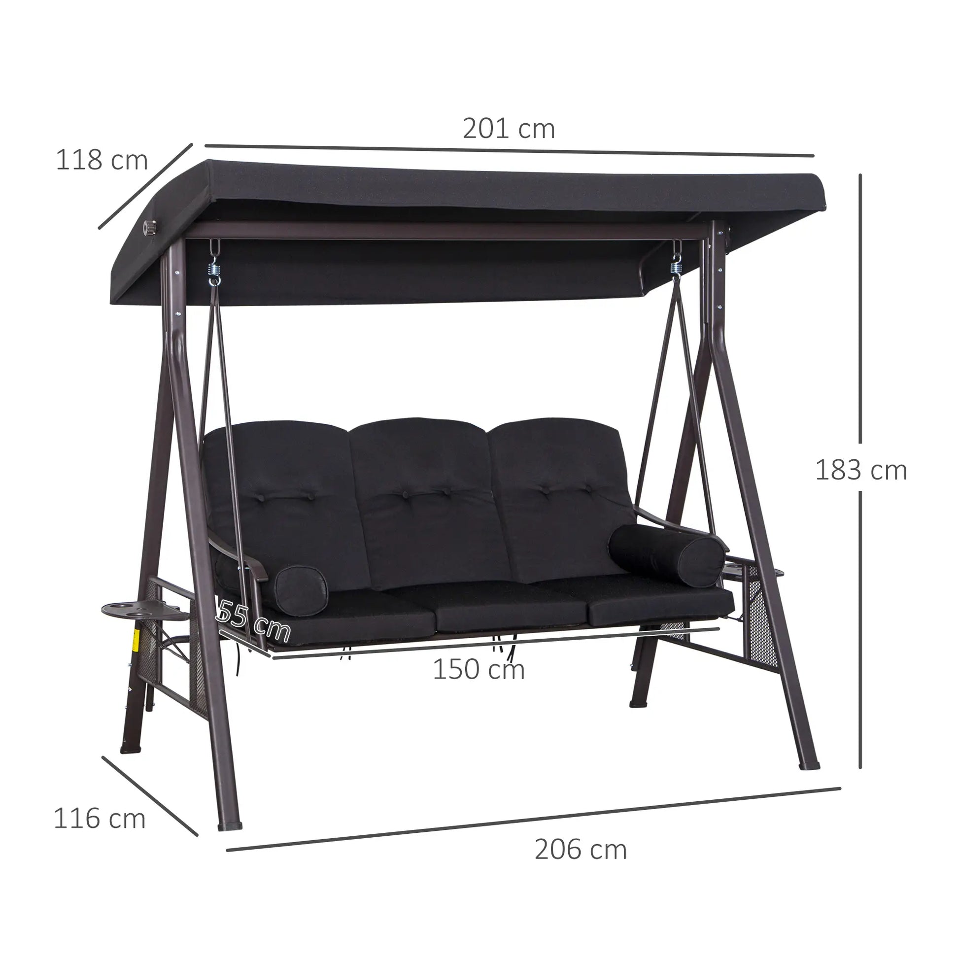 Outsunny 3 Seater Swing Chair Hammock Chair with Adjustable Canopy, Black