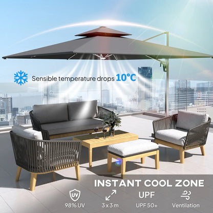 Outsunny 3(m) Garden Cantilever Parasol with Solar LED Lights, Cross Base, 360° Rotation, Crank Handle and Tilt, Grey