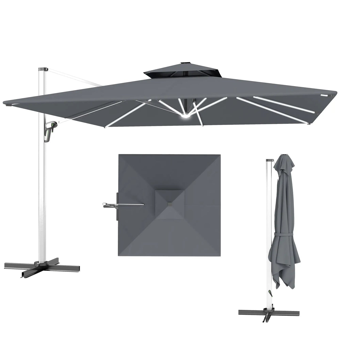 Outsunny 3(m) Garden Cantilever Parasol with Solar LED Lights, Cross Base, 360° Rotation, Crank Handle and Tilt, Grey