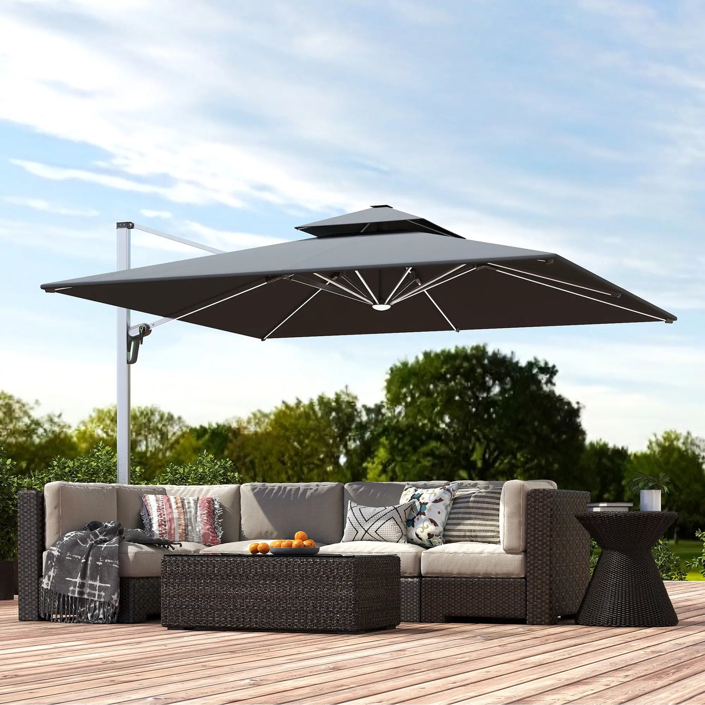 Outsunny 3(m) Garden Cantilever Parasol with Solar LED Lights, Cross Base, 360° Rotation, Crank Handle and Tilt, Grey