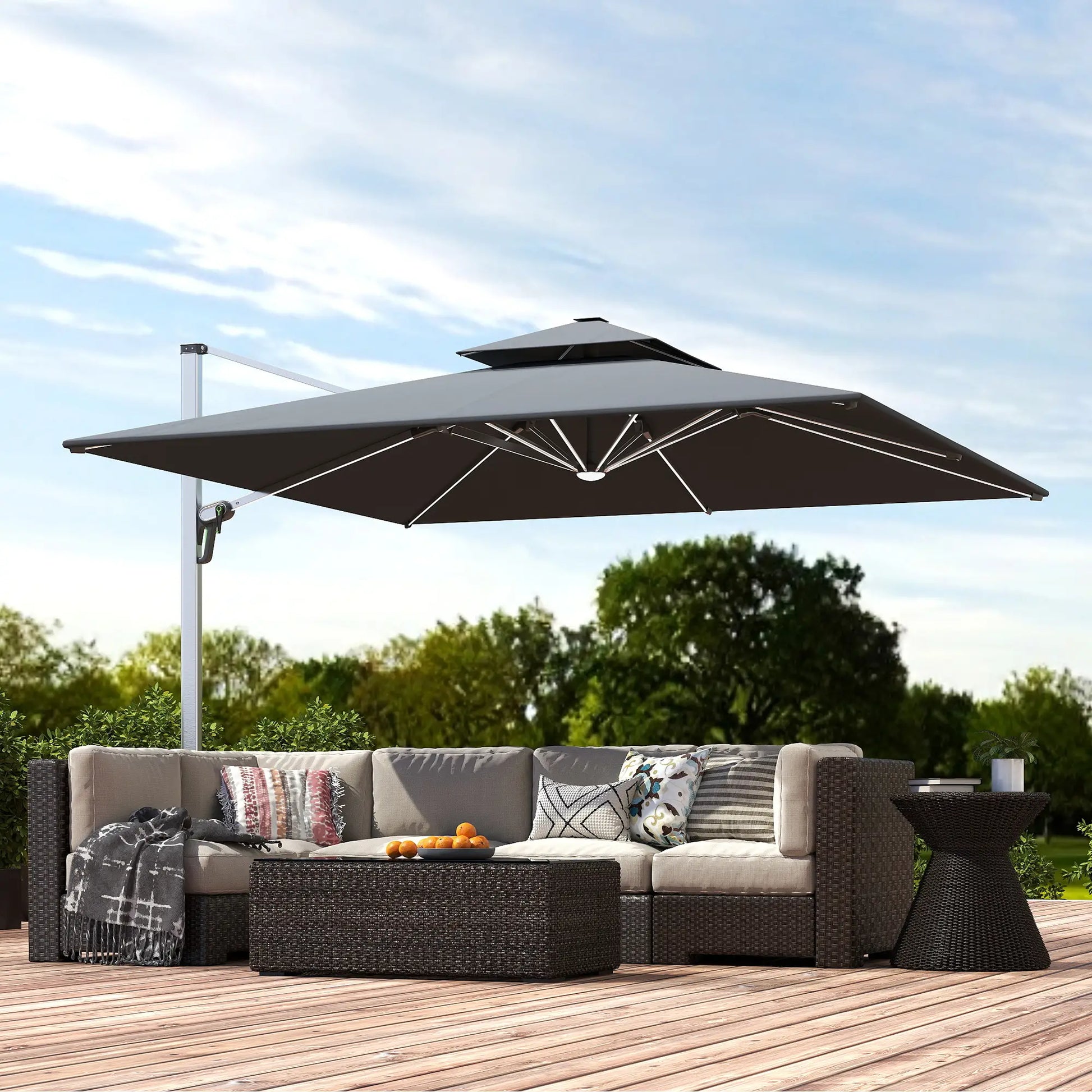 Outsunny 3(m) Garden Cantilever Parasol with Solar LED Lights, Cross Base, 360° Rotation, Crank Handle and Tilt, Grey