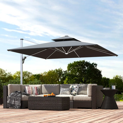 Outsunny 3(m) Garden Cantilever Parasol with Solar LED Lights, Cross Base, 360° Rotation, Crank Handle and Tilt, Grey