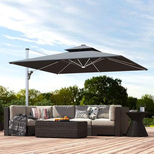 Outsunny 3(m) Garden Cantilever Parasol with Solar LED Lights, Cross Base, 360° Rotation, Crank Handle and Tilt, Grey