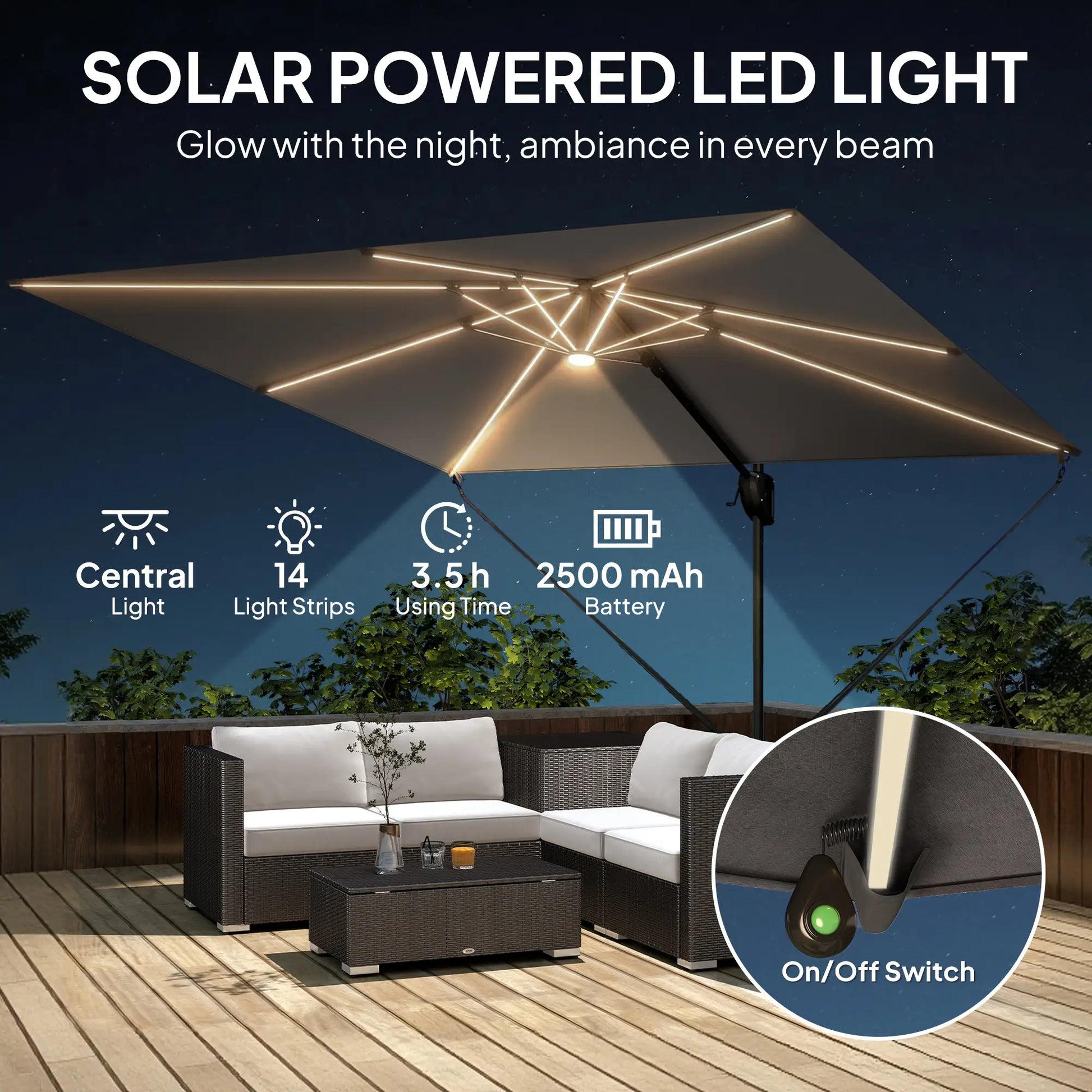Outsunny 3 x 3 m Garden Cantilever Parasol w/ Light, Cover, UPF50+ Patio Umbrella w/ Wind Protection, 360° Rotation, Dark Grey