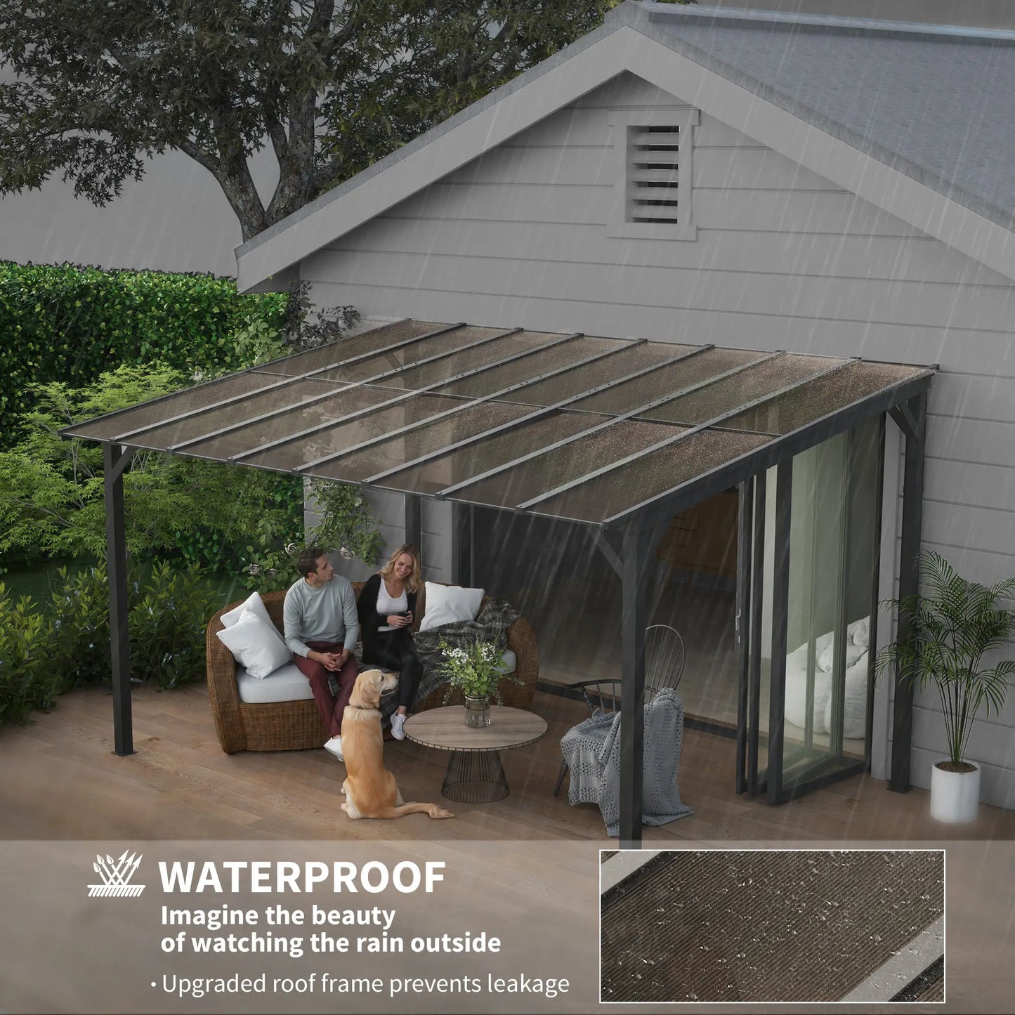 Outsunny 3 x 4.3m Lean-To Pergola with Waterproof Polycarbonate Roof - Dark Grey