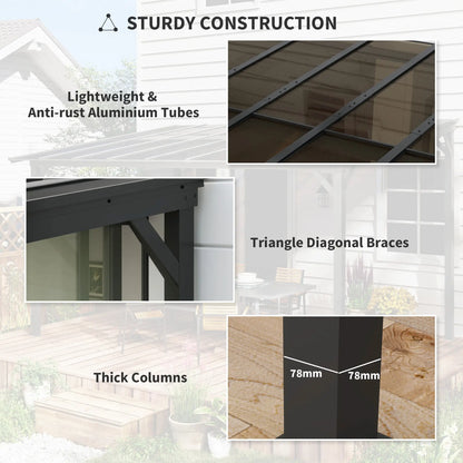 Outsunny 3 x 4.3m Lean-To Pergola with Waterproof Polycarbonate Roof - Dark Grey