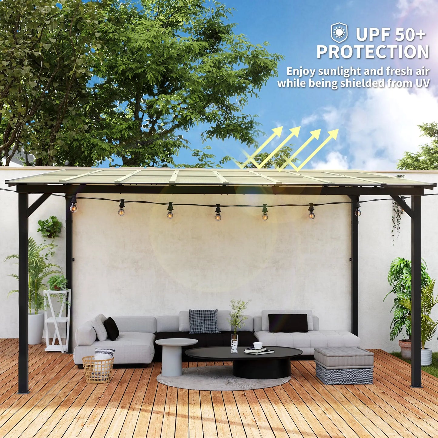 Outsunny 3 x 4.3m Lean-To Pergola with Waterproof Polycarbonate Roof - Dark Grey