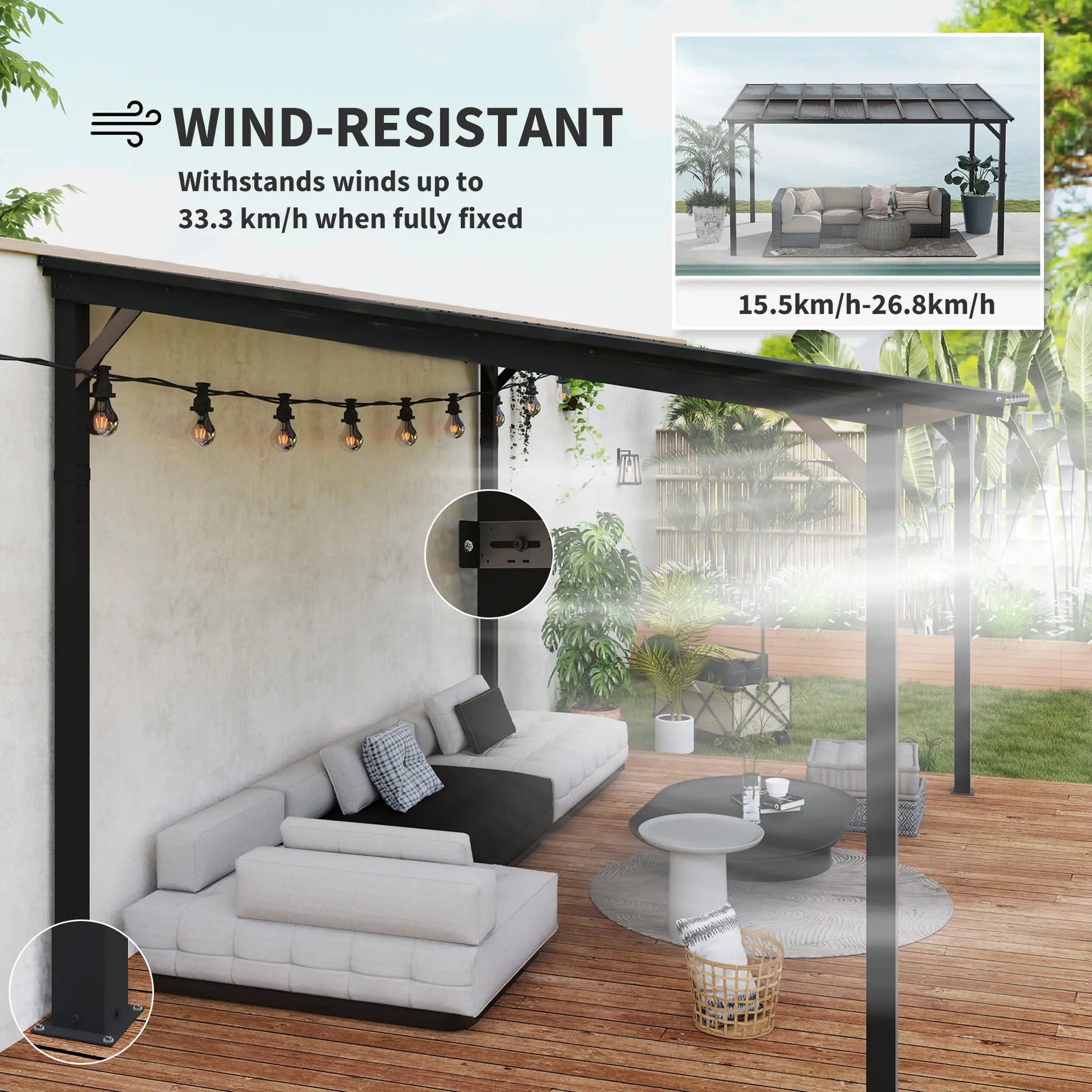 Outsunny 3 x 4.3m Lean-To Pergola with Waterproof Polycarbonate Roof - Dark Grey