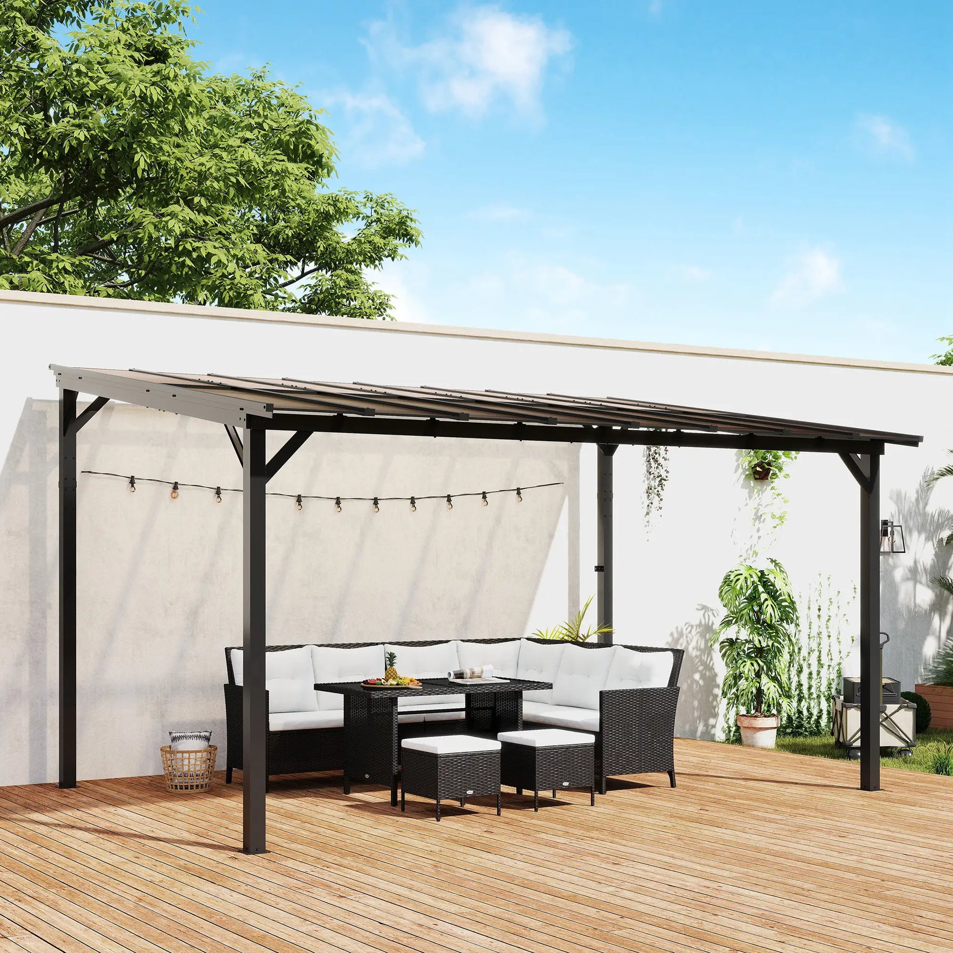 Outsunny 3 x 4.3m Lean-To Pergola with Waterproof Polycarbonate Roof - Dark Grey