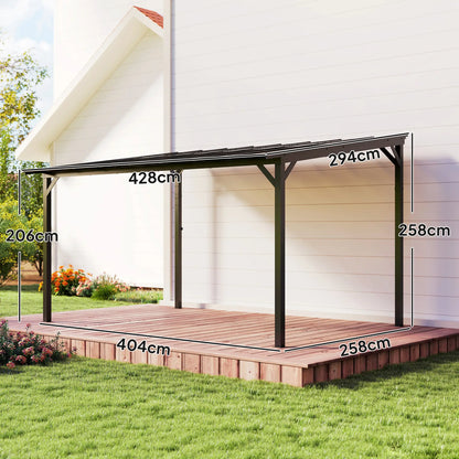 Outsunny 3 x 4.3m Lean-To Pergola with Waterproof Polycarbonate Roof - Dark Grey