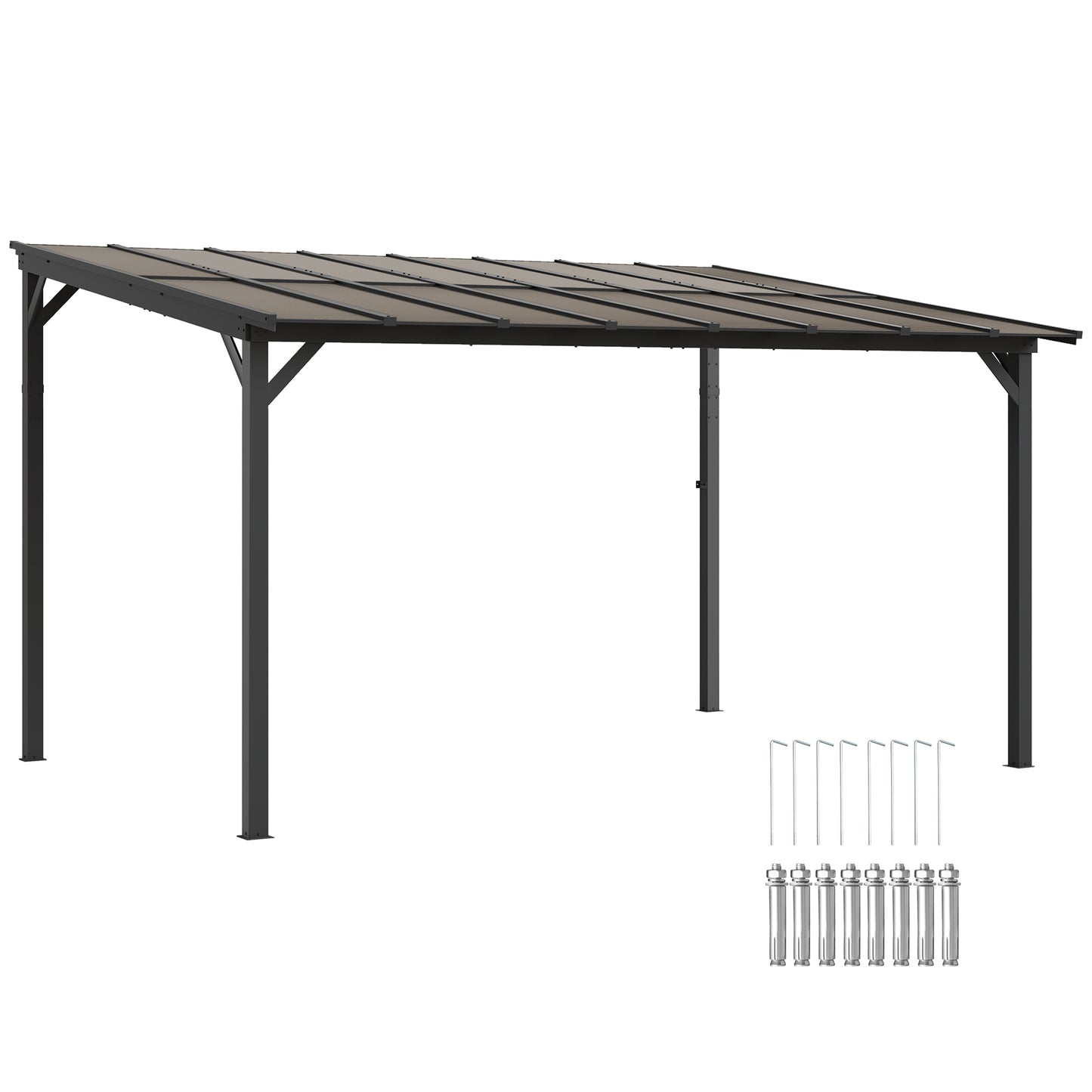 Outsunny 3 x 4.3m Lean-To Pergola with Waterproof Polycarbonate Roof - Dark Grey