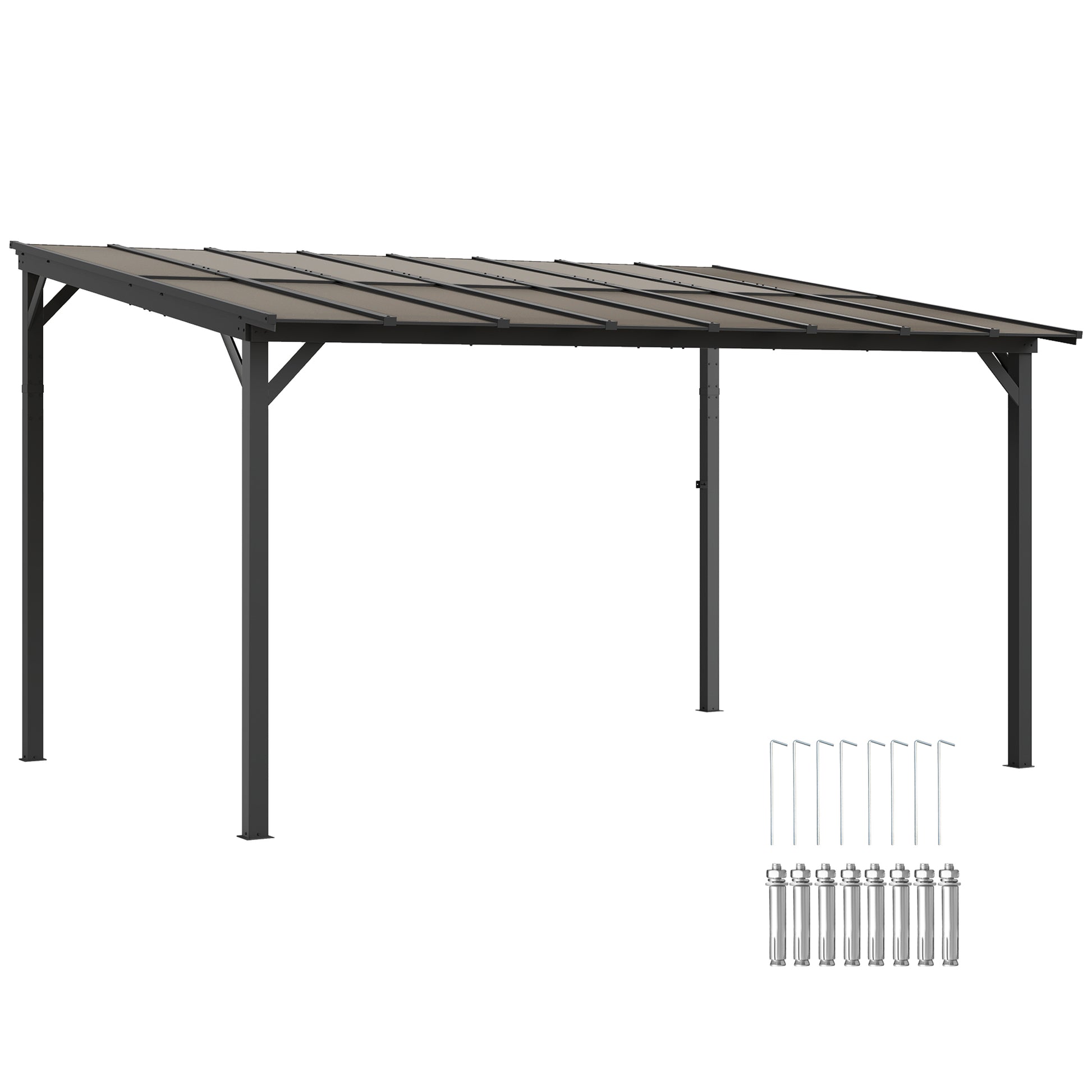 Outsunny 3 x 4.3m Lean-To Pergola with Waterproof Polycarbonate Roof - Dark Grey