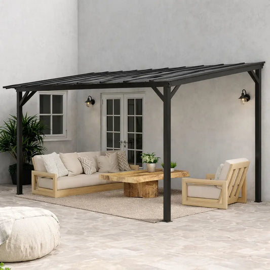 Outsunny 3 x 4.3m Lean-To Pergola with Waterproof Polycarbonate Roof - Dark Grey