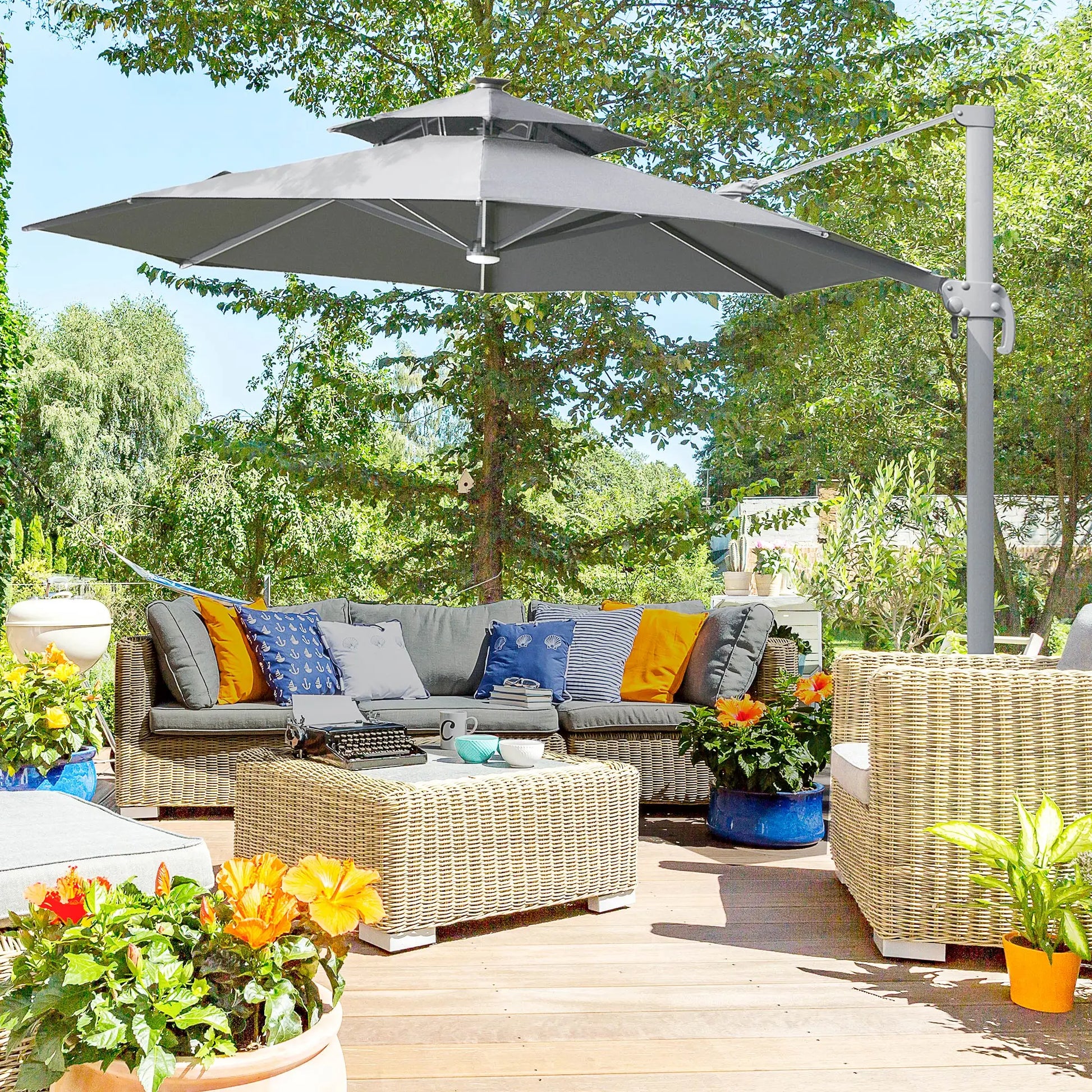 Outsunny 3m Cantilever Parasol w/ Solar Lights Power Bank Base 360° Spin Dark Grey