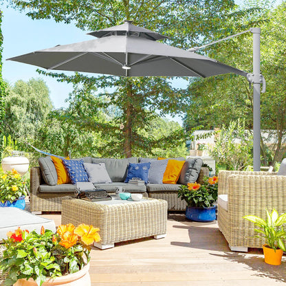 Outsunny 3m Cantilever Parasol w/ Solar Lights Power Bank Base 360° Spin Dark Grey