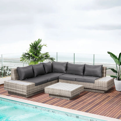 Outsunny 4 PCs Rattan Garden Furniture Outdoor Sectional Corner Sofa and Coffee Table Set  Conservatory Wicker Weave Furniture with Armrest and Cushions - Light Grey