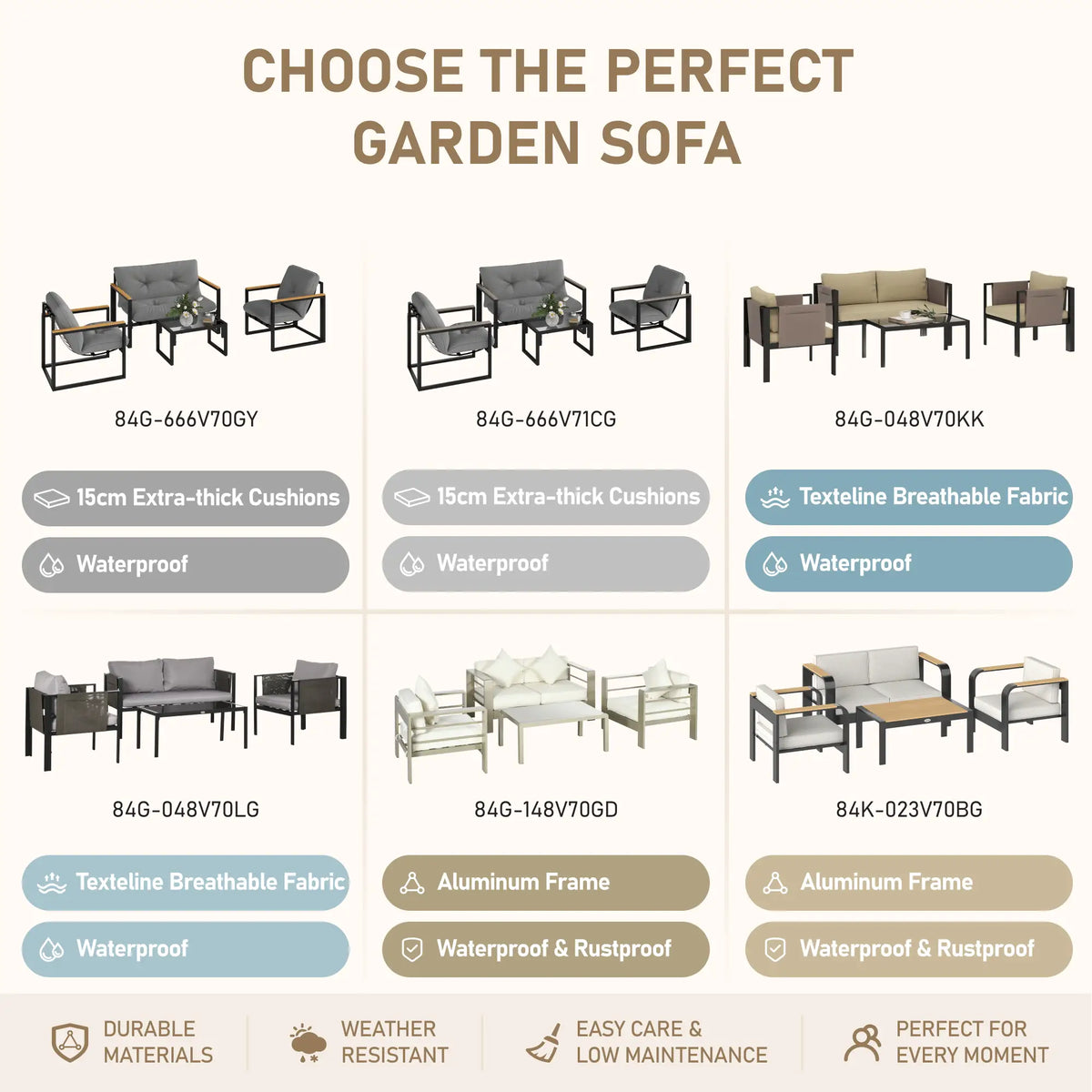 Outsunny 4 Piece Aluminium Garden Furniture Set with Olefin Cushions – Beige