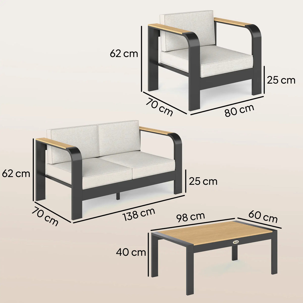 Outsunny 4 Piece Aluminium Garden Furniture Set with Olefin Cushions – Beige