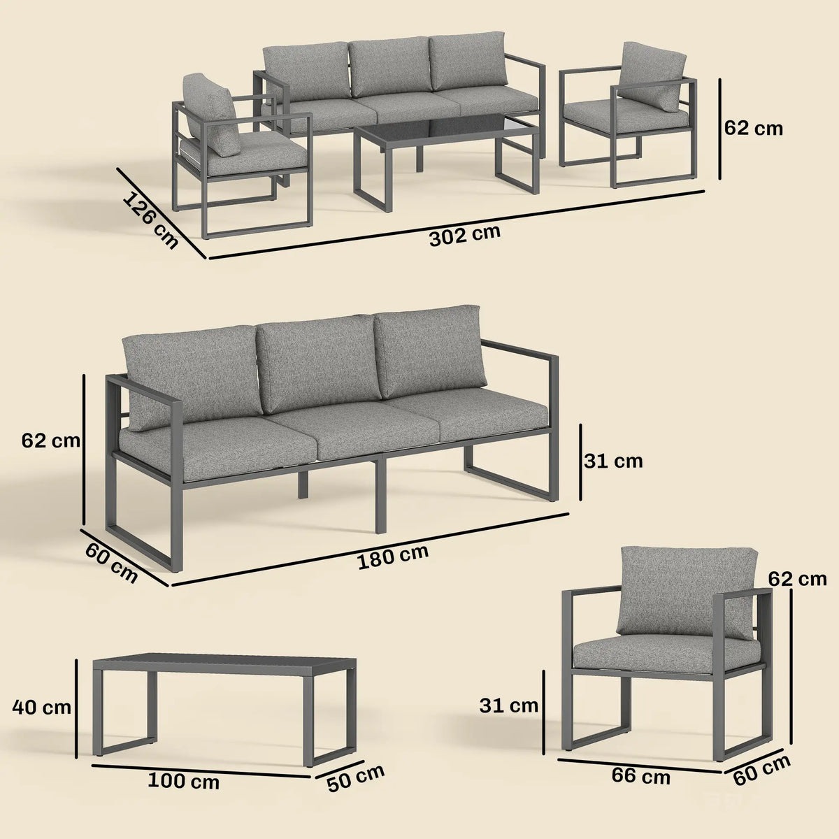 Outsunny 4 Piece Outdoor Garden Furniture Set with 3-Seater Sofa – Dark Grey