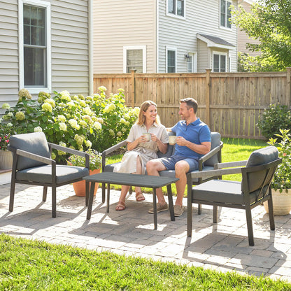 Outsunny 4 Seater Aluminium Garden Furniture Set with Loveseat, Armchairs & Table – Black