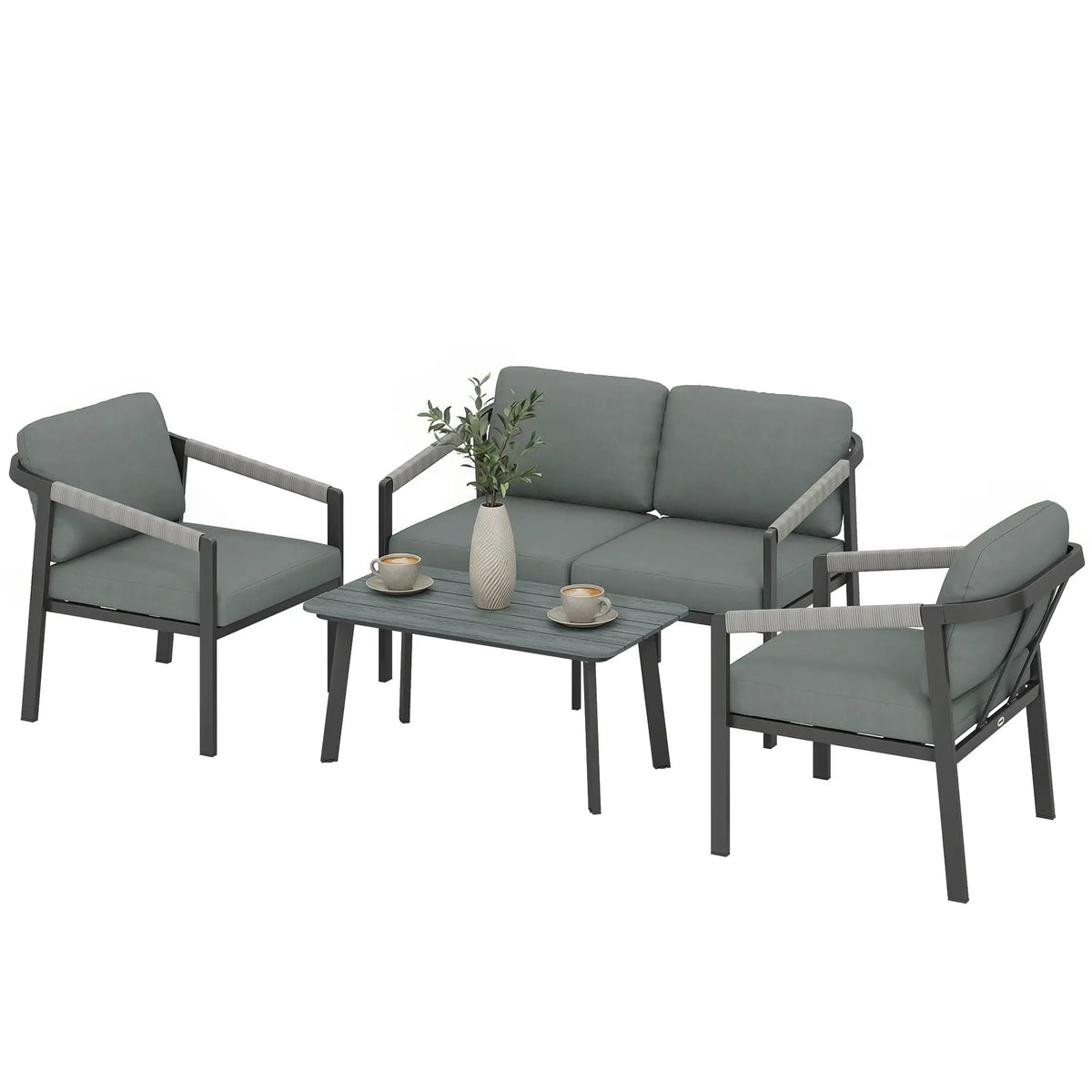 Outsunny 4 Seater Aluminium Garden Furniture Set with Loveseat, Armchairs & Table – Black