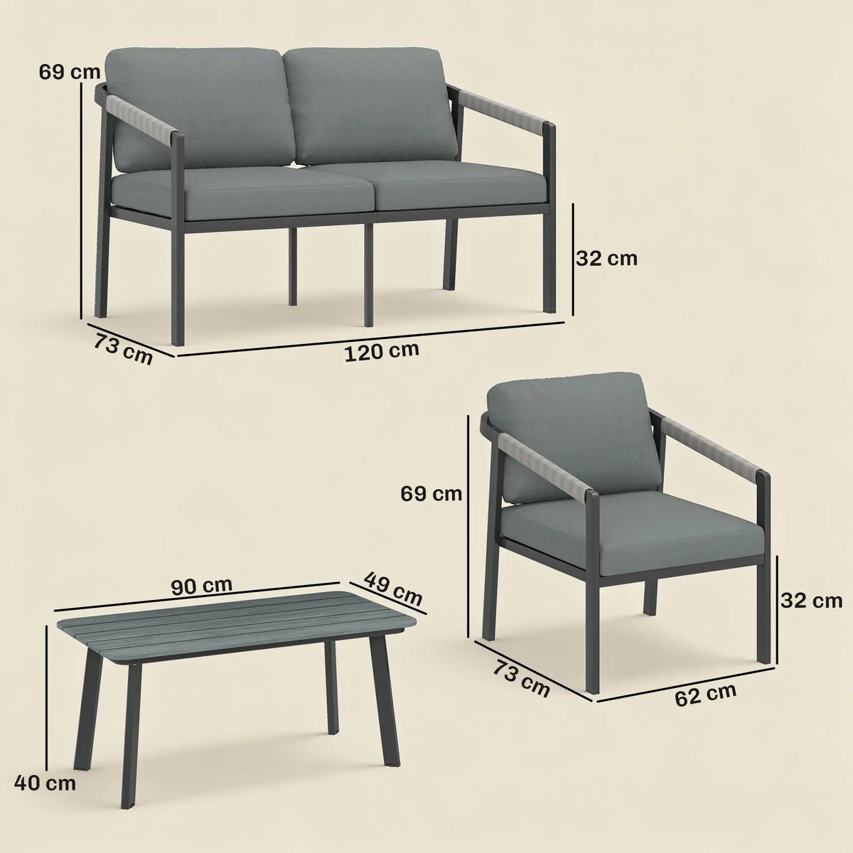 Outsunny 4 Seater Aluminium Garden Furniture Set with Loveseat, Armchairs & Table – Black