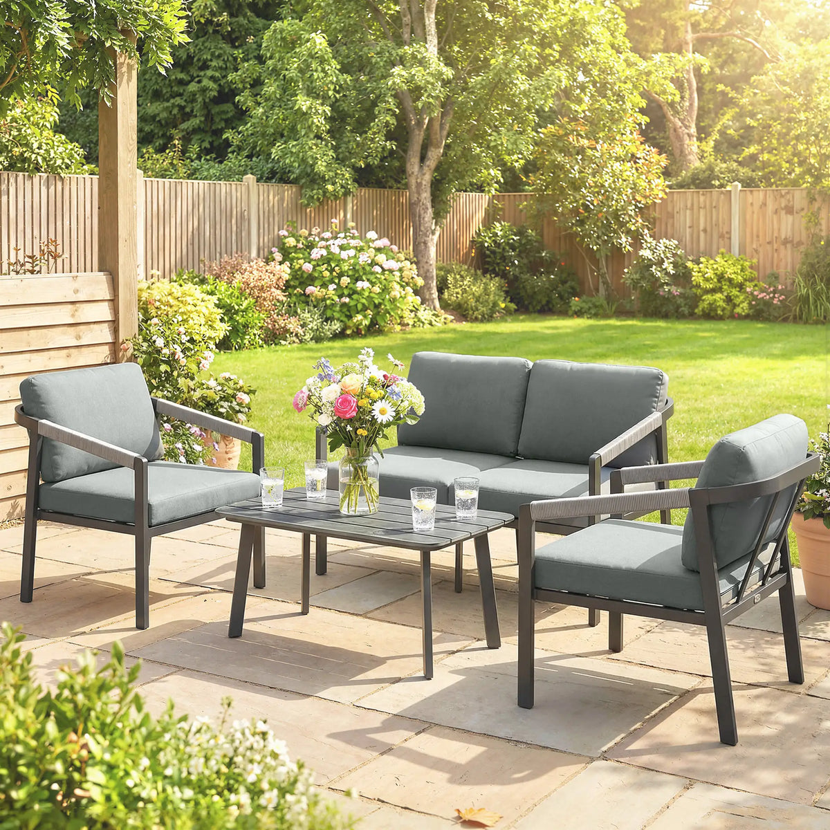 Outsunny 4 Seater Aluminium Garden Furniture Set with Loveseat, Armchairs & Table – Black