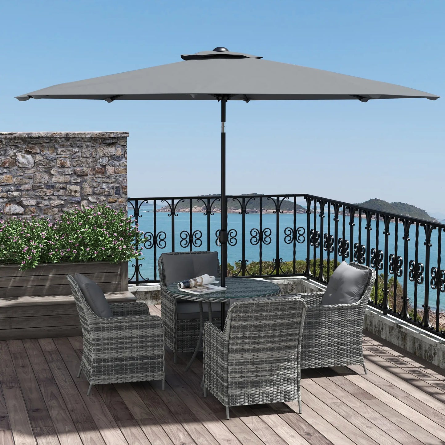 Outsunny 4 Seater Rattan Dining Set with Parasol & Cushions - Mixed Grey