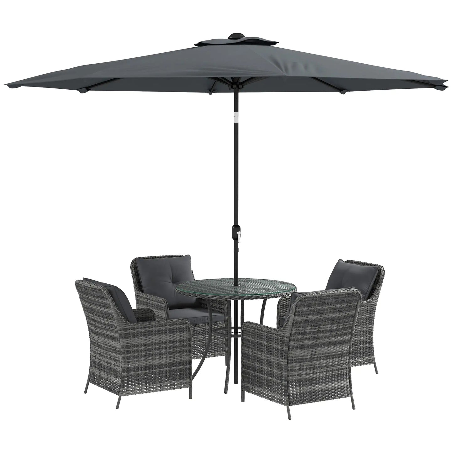 Outsunny 4 Seater Rattan Dining Set with Parasol & Cushions - Mixed Grey