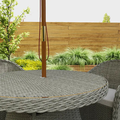 Outsunny 4 Seater Rattan Garden Furniture Set with Cushions, Round PE Rattan Dining Set with Glass-Top Table, Umbrella Hole, Outdoor Garden Table and Chairs, Grey
