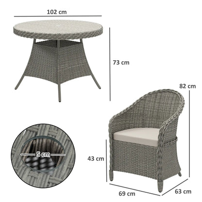 Outsunny 4 Seater Rattan Garden Furniture Set with Cushions, Round PE Rattan Dining Set with Glass-Top Table, Umbrella Hole, Outdoor Garden Table and Chairs, Grey